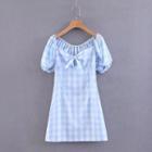 Ribbon Gingham Puff-sleeve Mini A-line Dress