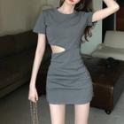 Short-sleeve Cut-out Mini Sheath Dress Dark Gray - One Size