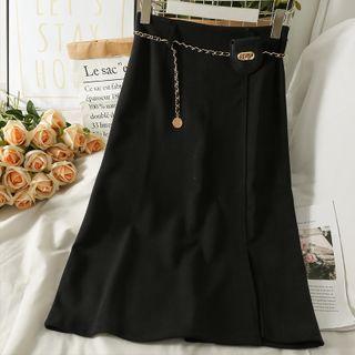 Slited High-waist Midi Skirt Wuth Belt