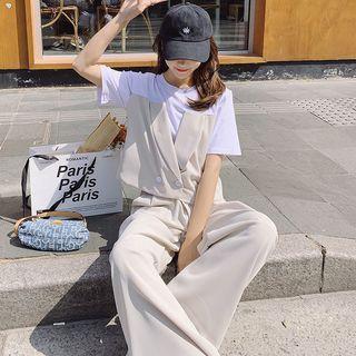 Set: Mock Two-piece Short-sleeve T-shirt + Wide Leg Pants