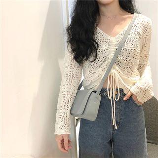 Drawstring Front Long Sleeve V-neck Open Knit Top