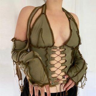 Long-sleeve Halter Lace-up Top