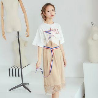 Patchwork Lace-panel Printed T-shirt Dress