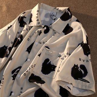 Short-sleeve Lettering Cat Print Shirt