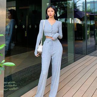 Set: Long-sleeve Cropped T-shirt + Wide Leg Pants