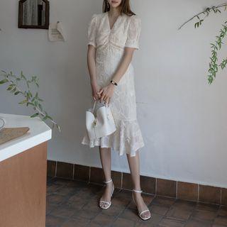 Shirred Frayed Midi Mermaid Dress