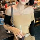 Off-shoulder Paneled T-shirt Light Coffee - One Size