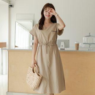 Drawstring-waist Letter Embroidered Dress