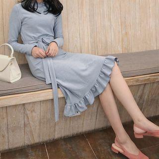 Plain Slim-fit Ruffle Long-sleeve Dress