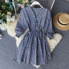 Balloon-sleeve Gingham Wrap A-line Dress Black - One Size
