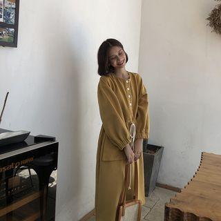 Puff-sleeve Drawstring Waist A-line Midi Dress