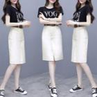 Set: Lettering Short-sleeve T-shirt + Slit Straight-fit Skirt