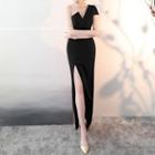 Short-sleeve One Shoulder Slit Sheath Gown