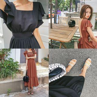 Bare-back Tie-waist Flounced Maxi Dress