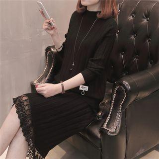 Lace Hem Mock Neck A-line Midi Knit Dress