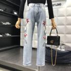 Flower Embroidered Straight-cut Jeans