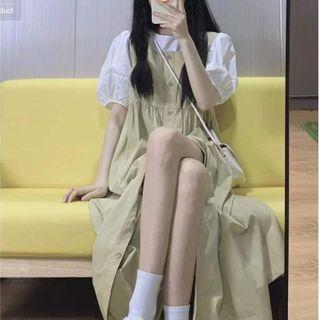 Short-sleeve Plain Shirt / A-line Loose-fit Midi Dress