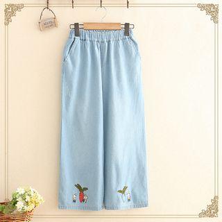 Rabbit Embroidered Wide-leg Jeans
