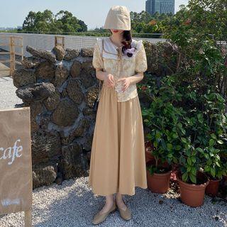 Color Panel Collar Floral Short-sleeve Shirt / Plain A-line Skirt