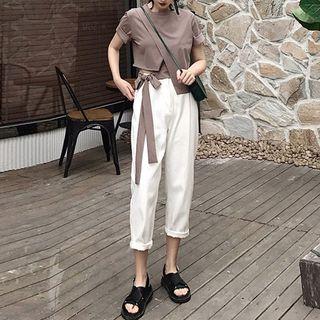 Set: Short-sleeve Asymmetrical T-shirt + Cropped Pants