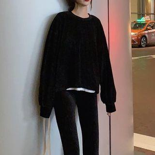 Set: Mock Two-piece Pullover + Boot-cut Pants