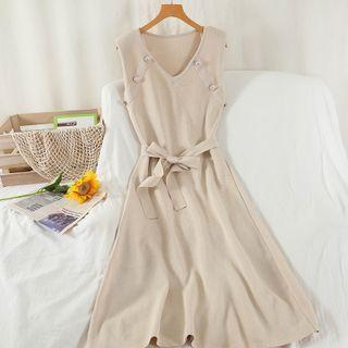 Sleeveless Sashed Midi A-line Knit Dress