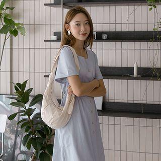 Square-neck Buttoned Maxi Linen Dress