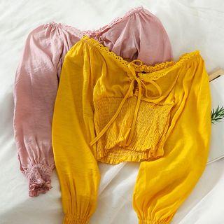 Eyelet Lace Trim Smocked Cropped Blouse