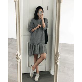 Puff-sleeve Ruffle-hem Gingham Dress
