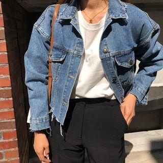 Pocket-detail Fray-trim Denim Jacket Blue - One Size