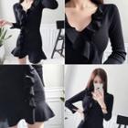 Ruffle Trim Long-sleeve Knit Mini Sheath Dress Black - One Size