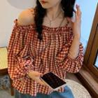 Elbow-sleeve Off-shoulder Gingham Check Top Red - One Size