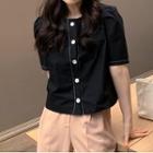 Contrast Stitching Short-sleeve Blouse Black - One Size