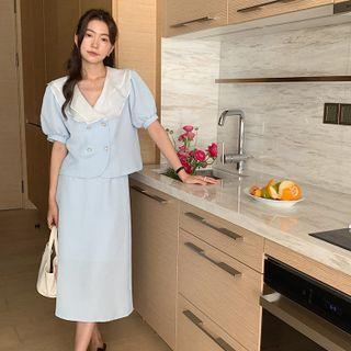 Set: Puff-sleeve Collar Double-breasted Top + Midi Pencil Skirt