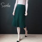 Tie-waist Pleated A-line Plain Midi Skirt