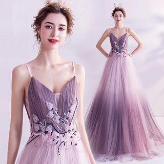 Spaghetti Strap Floral Applique Gradient A-line Gown