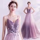 Spaghetti Strap Floral Applique Gradient A-line Gown
