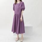 Contrast Trim Short-sleeve Double-breasted Midi A-line Dress Purple - One Size