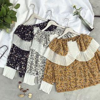 Pleated Trim Floral Print Collared Chiffon Blouse