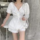 Puff-sleeve Embroidered Twist Rhinestone Bow / Embroidered Shorts