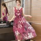Floral Print Sleeveless Chiffon Midi Dress