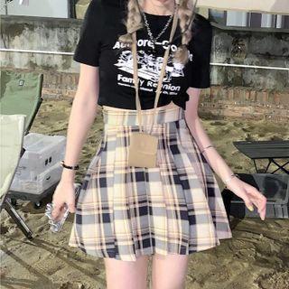 Print Cropped T-shirt / Plaid Pleated Mini A-line Skirt
