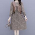 Set: Faux Leather Vest + Long-sleeve Floral Print Midi A-line Dress