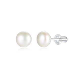 Sterling Silver Exquisite Simple Round White Freshwater Pearl Stud Earrings Silver - One Size
