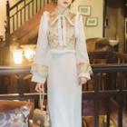 Set: Mandarin Collar Slit Midi Sheath Dress + Fluffy Trim Vest