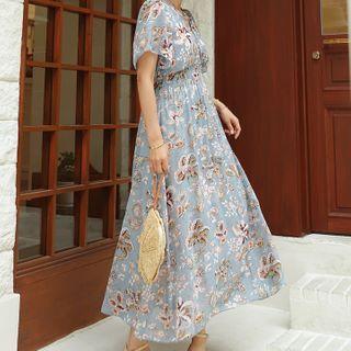 Pattern Chiffon Maxi Wrap Dress