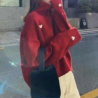 Turtle-neck Heart Embroidery Sweater