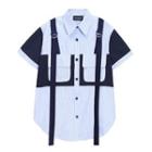 Short-sleeve Patch Work Shirt Blue - One Size