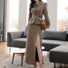 Set: Woolen Blazer + Slit Midi Fitted Skirt + Belt