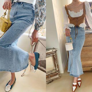 Washed Denim Long Mermaid Skirt